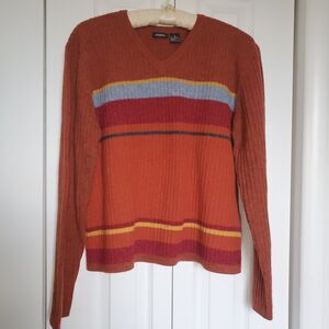 Rust Orange Sweater Junior XL Lambs Wool Langents Youth Striped Long Sleeve Warm